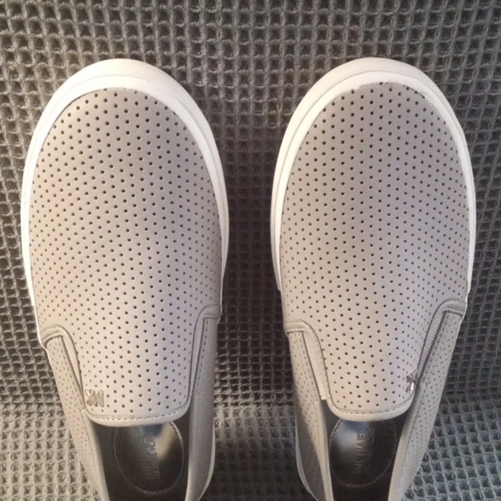 Women's Michael Kors Gray Perforated Leather Slip On Casual Sneaker Shoe - Picture 2 of 9